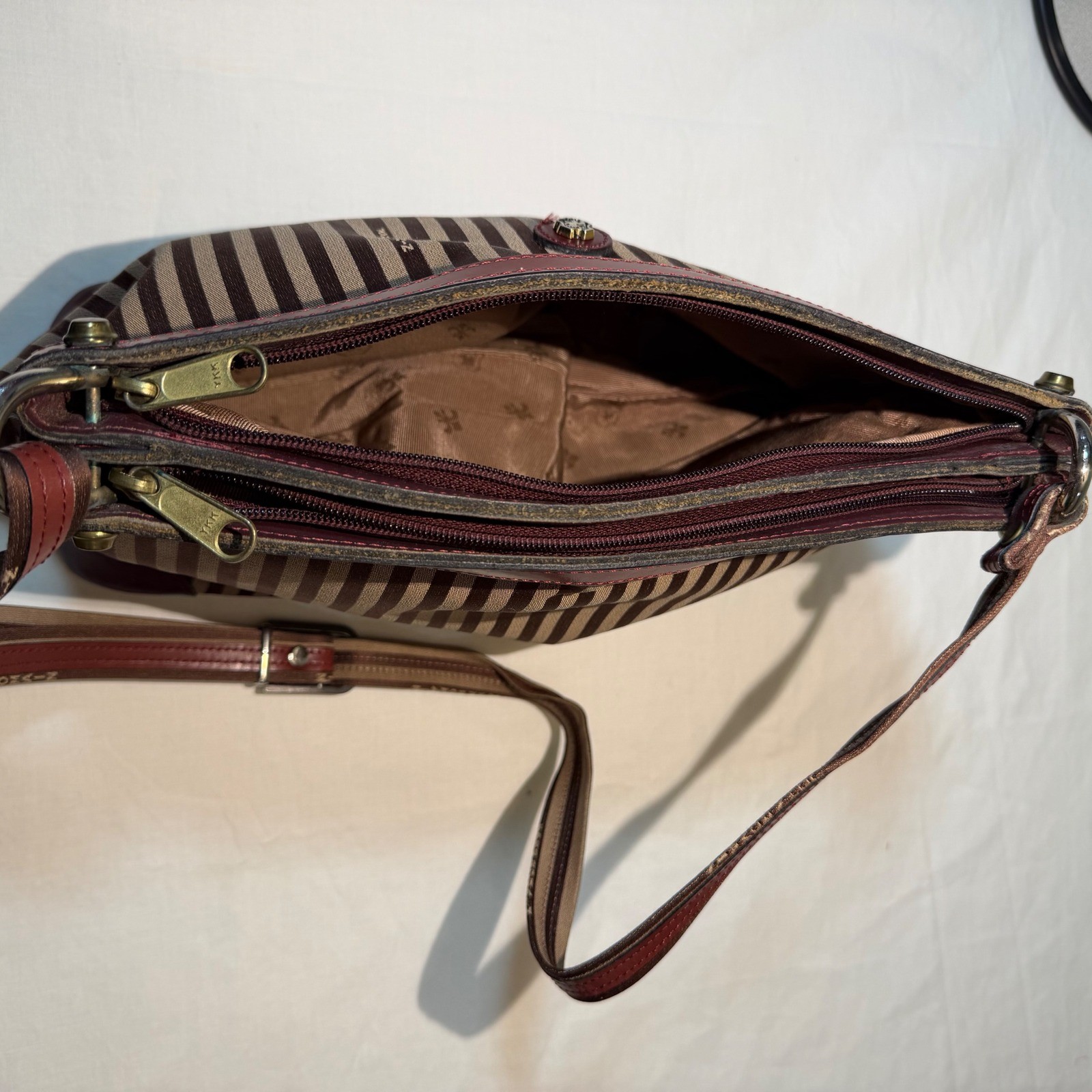 Vintage John Romain Striped Crossbody Bag Brown Burgundy Leather Trim Lion Crest