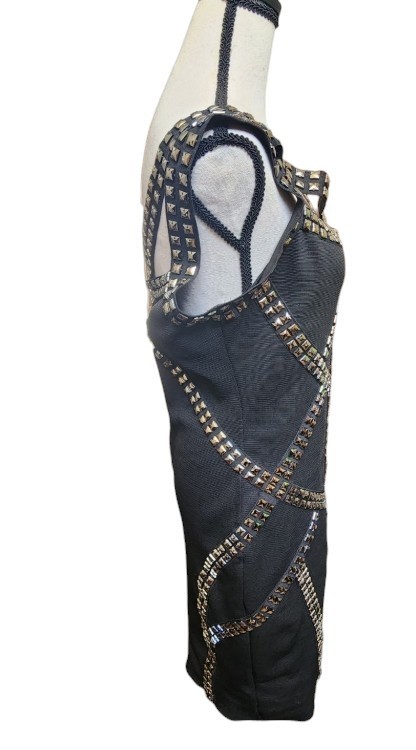 Wow Couture Gold Label Black Studded Bandage Dress Size Large Bondage Goth Punk