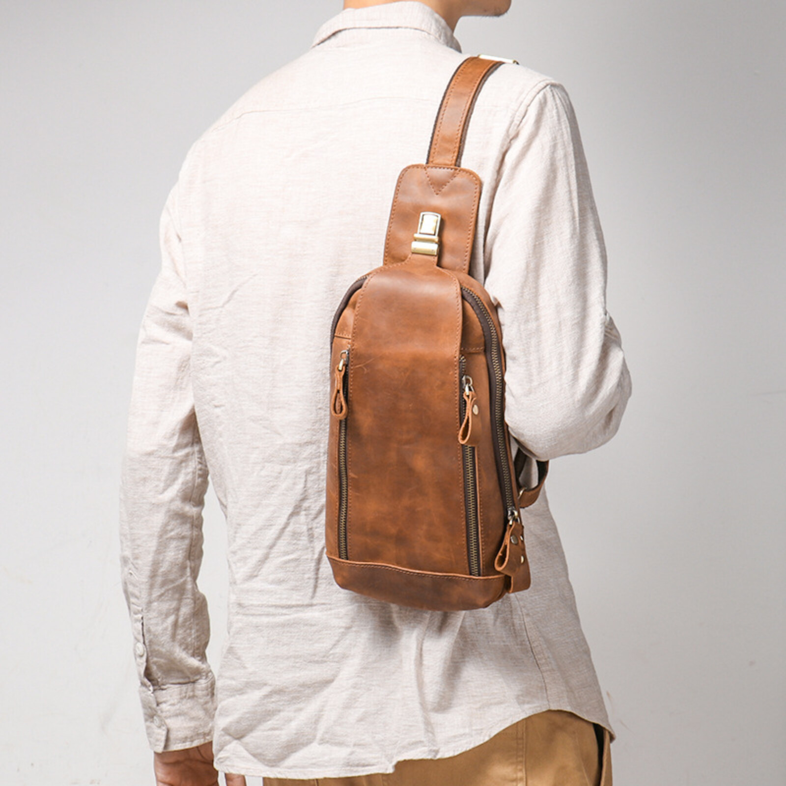 Men’s Leather Sling Bag Chest Crossbody Shoulder Pack Vintage Style Everyday Use