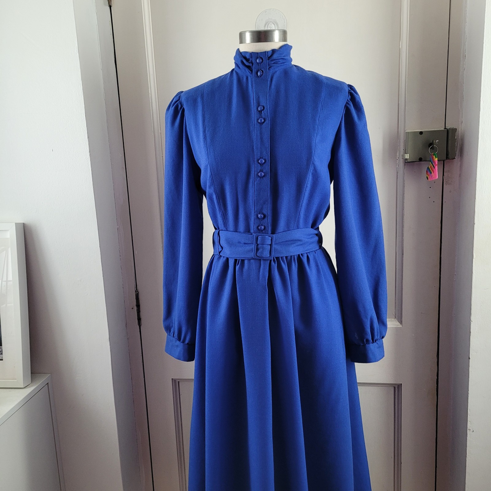 Marion Donaldson Vintage Deep Blue Wool Midi Dress Belted Pockets 10 12 Uk