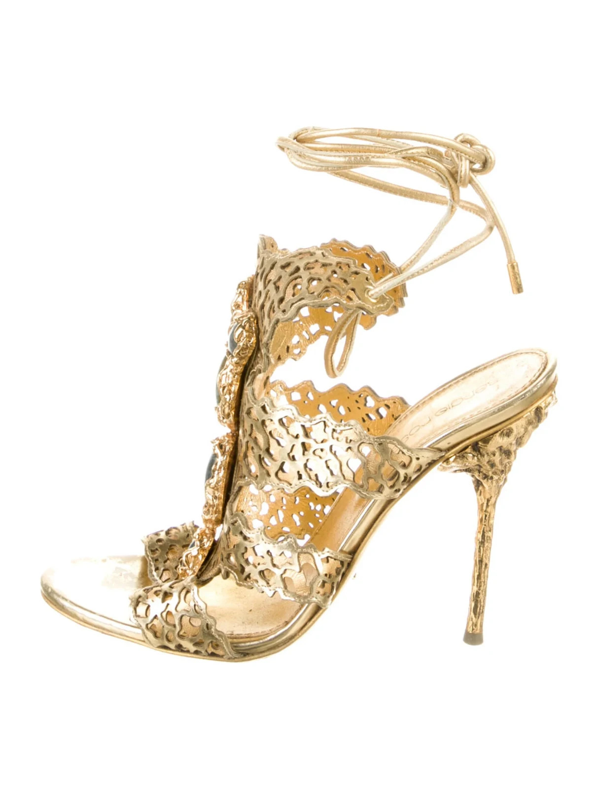 SERGIO ROSSI Gold Leather Laser-Cut Filigree Sandals Size 6.5 IT 36.5 Good Rare