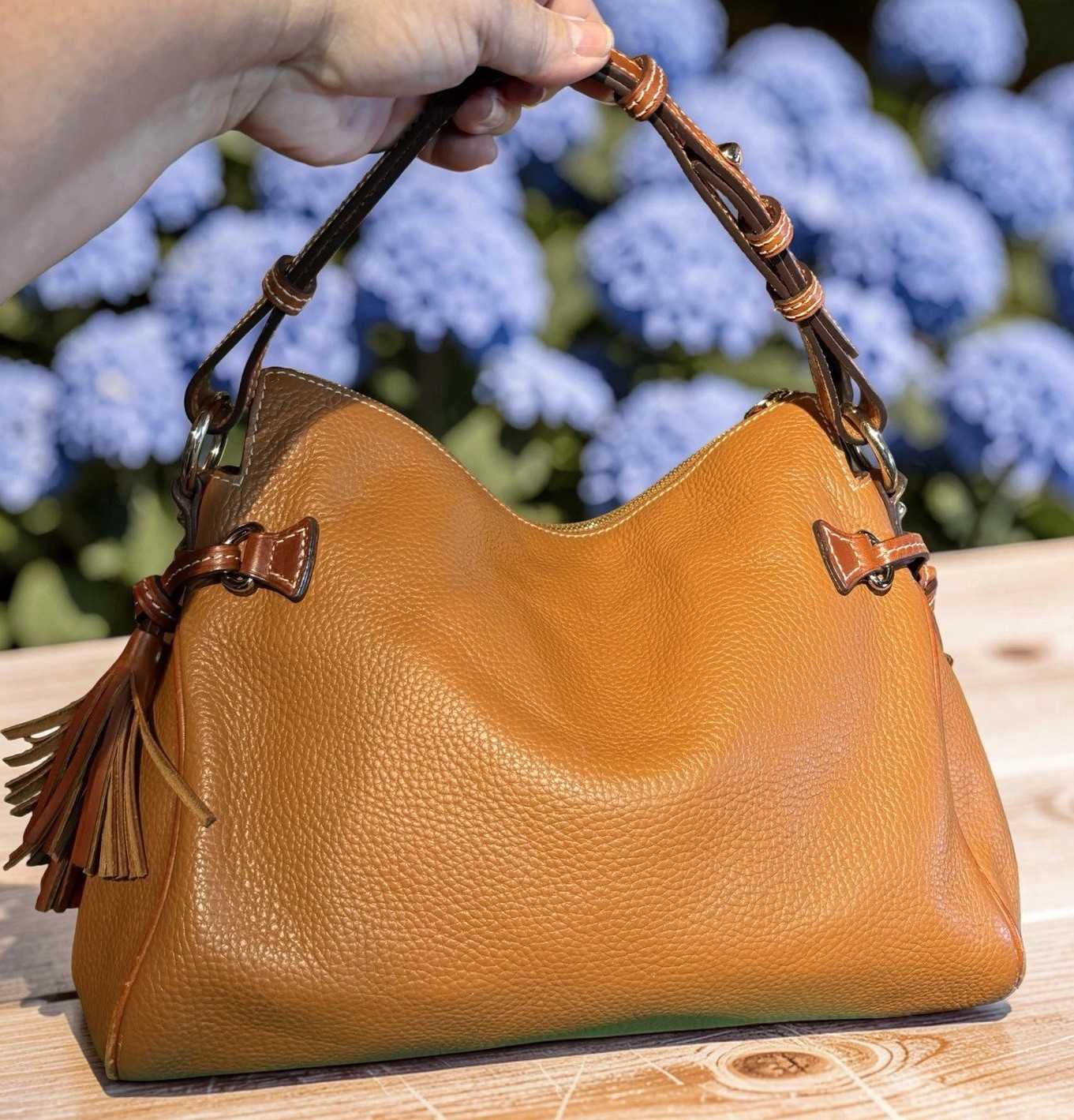 Dooney Bourke Caramel Brown Hobo Zip Shoulder Bag Pebbled Leather