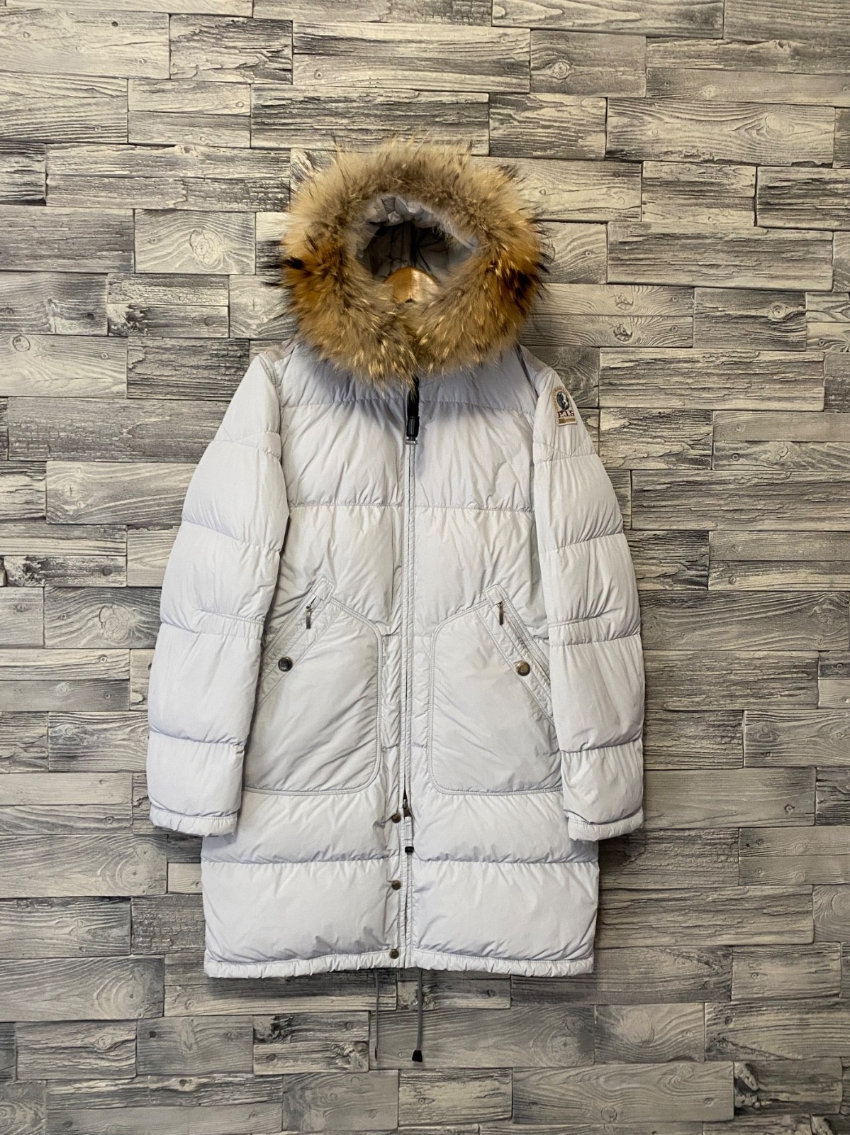 PARAJUMPERS PJS Womens Winter Down Puffer Fur Trim Logo Long Bear Parka Jacket M