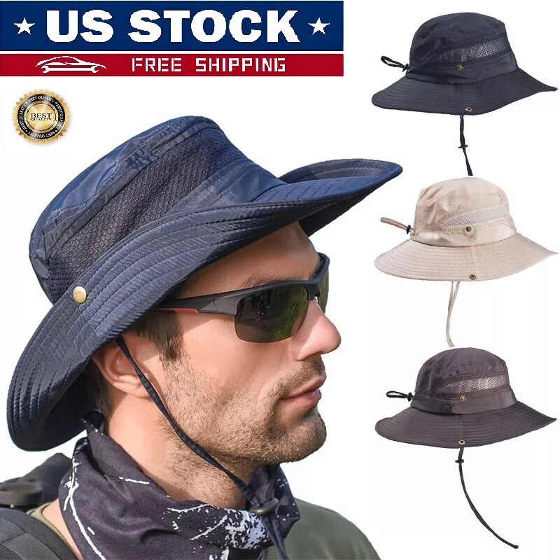 Men Wide Brim Sun Hat UV Protection Bucket Cap Hiking Camping Fishing Safari USA