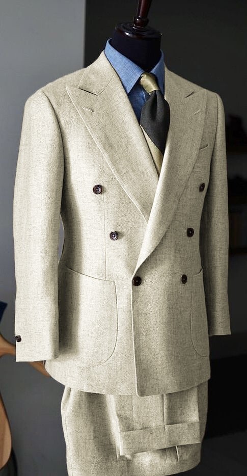 Double Breasted Linen Men’s Suits 2PCS Peak Lapel Wedding Groom Blazer Tuxedos