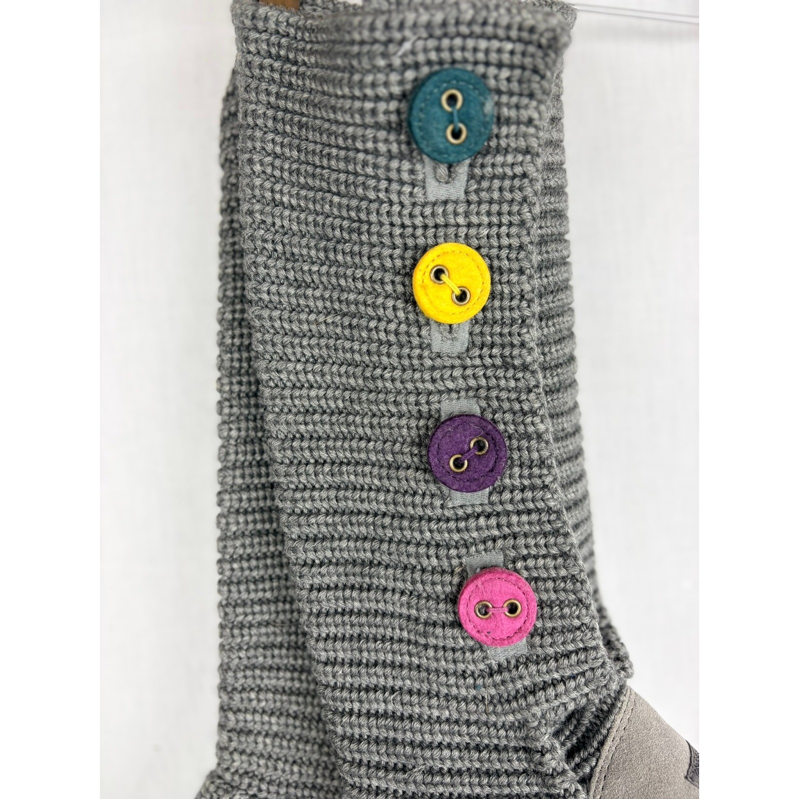 UGG Australia Womens 6 Grey Knit Tall Colorful Buttons Suede Flat Grey Boots