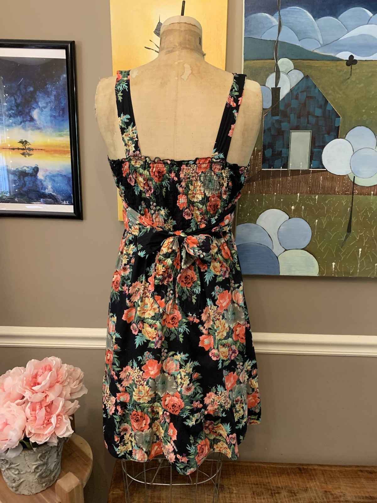 Angie Cotton Black Multi Floral Ruffled Midi Summer Dress L Boho