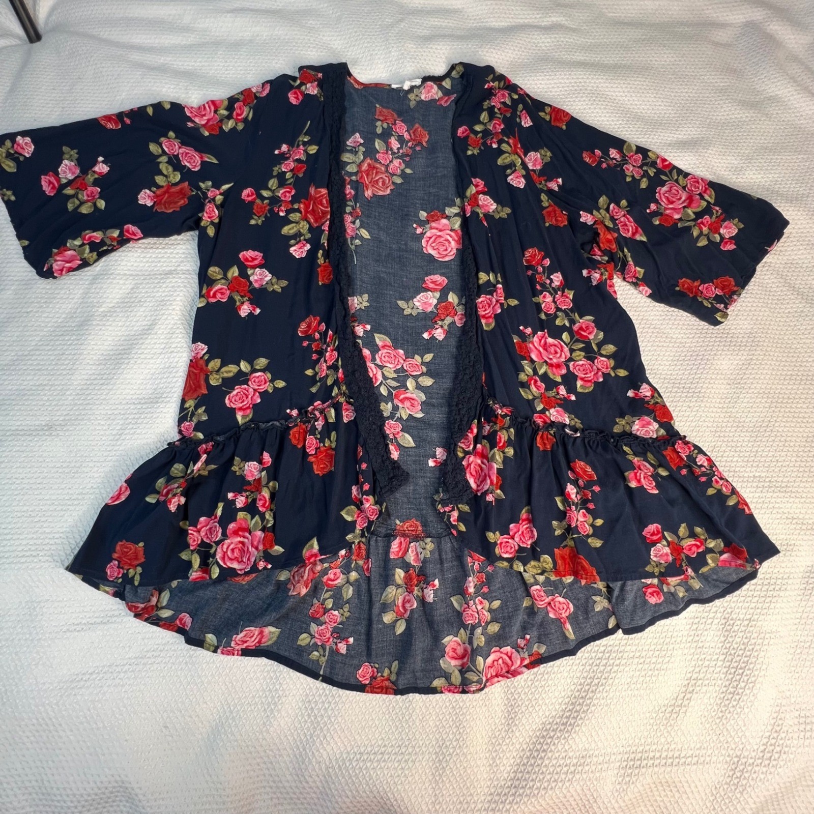 Maurices Womens Plus Size 0 Floral Kimono Cardigan Navy Blue Red Rose Lace Trim