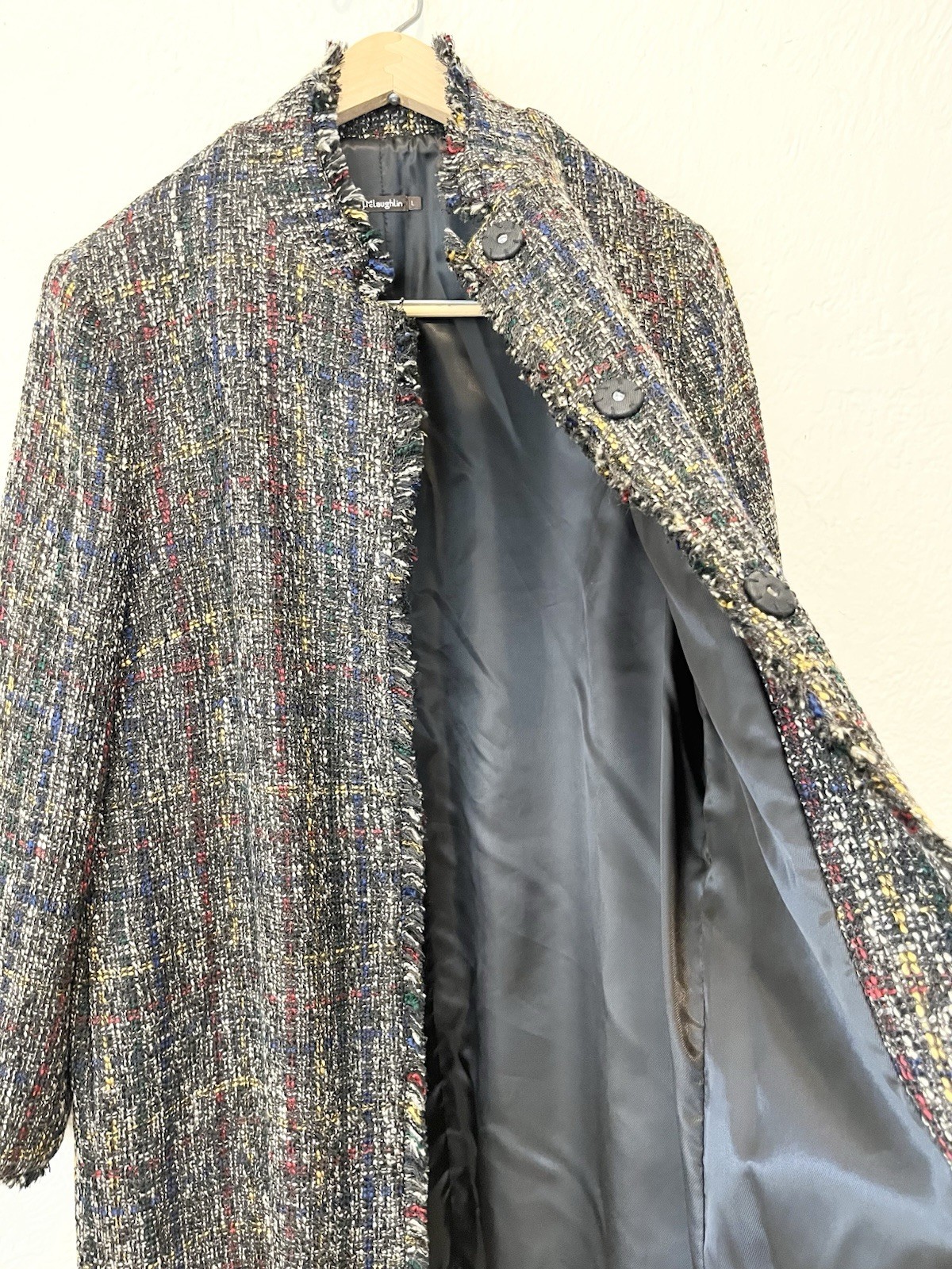 J. McLaughlin Jacket Coat Black Blue Tweed Fringe Large L