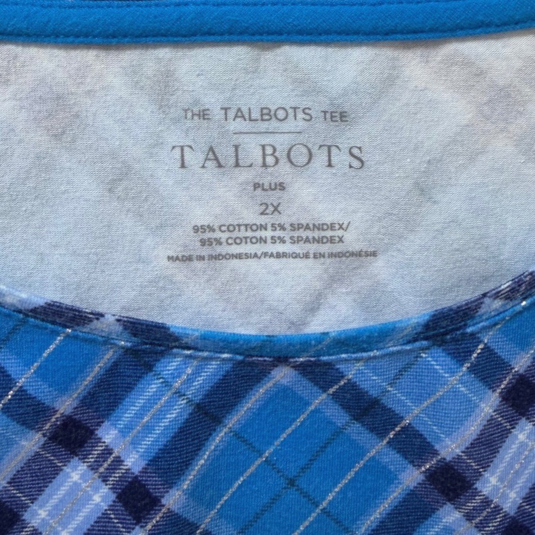 Talbots Blue Plaid Metallic Long Sleeve Tee Shirt Womens Plus 2X Cotton Stretch