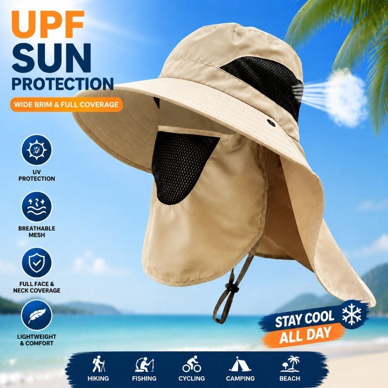 UPF 50+ Outdoor Sun Hat Wide Brim Fishing Hiking Neck Flap UV Bucket Cap