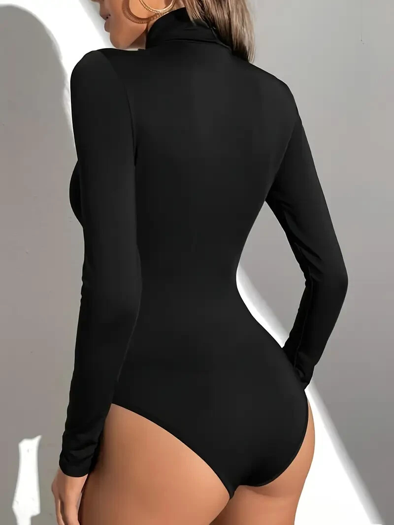 Sophisticated Black Turtleneck Bodysuit, Soft Stretch Fabric, Long Sleeves