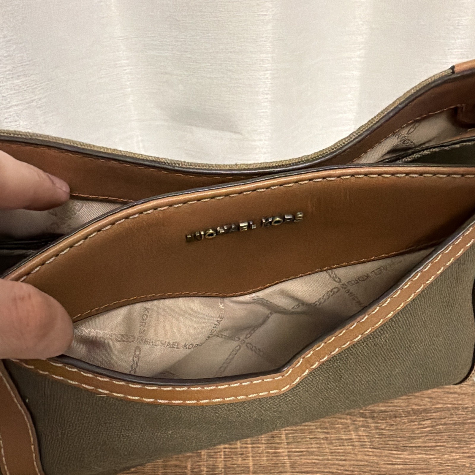 Michael Kors Green Brown Shoulder Bag Zip & Magnetic Closure Gold Hardware Studs