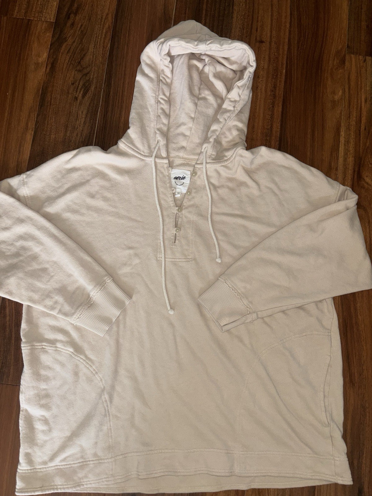 Aerie Beach Weekend Oversized Hoodie Women’s Large Beige Pockets Comfy Cotton