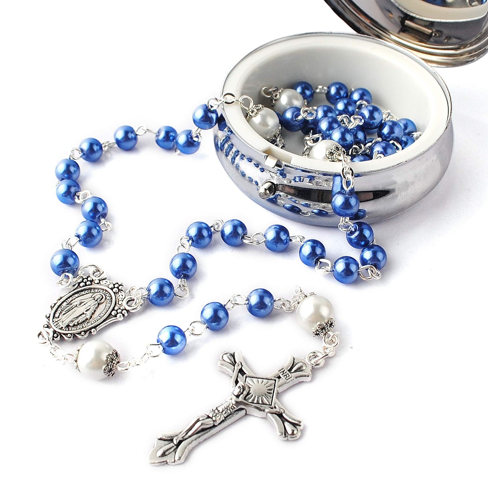 HanlinCC 6mm Glass 53cm (20.8 inches), Blue Rosary with Miraculous Gift Box