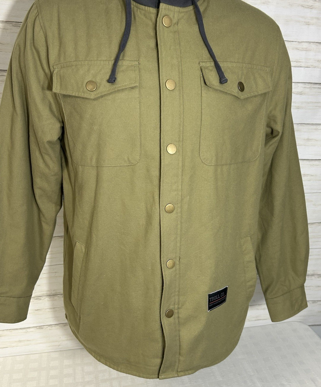 EUC! Troll Clothing Co. Green Gray Sherpa Fleece Lined Snap Jacket Hoodie MEDIUM