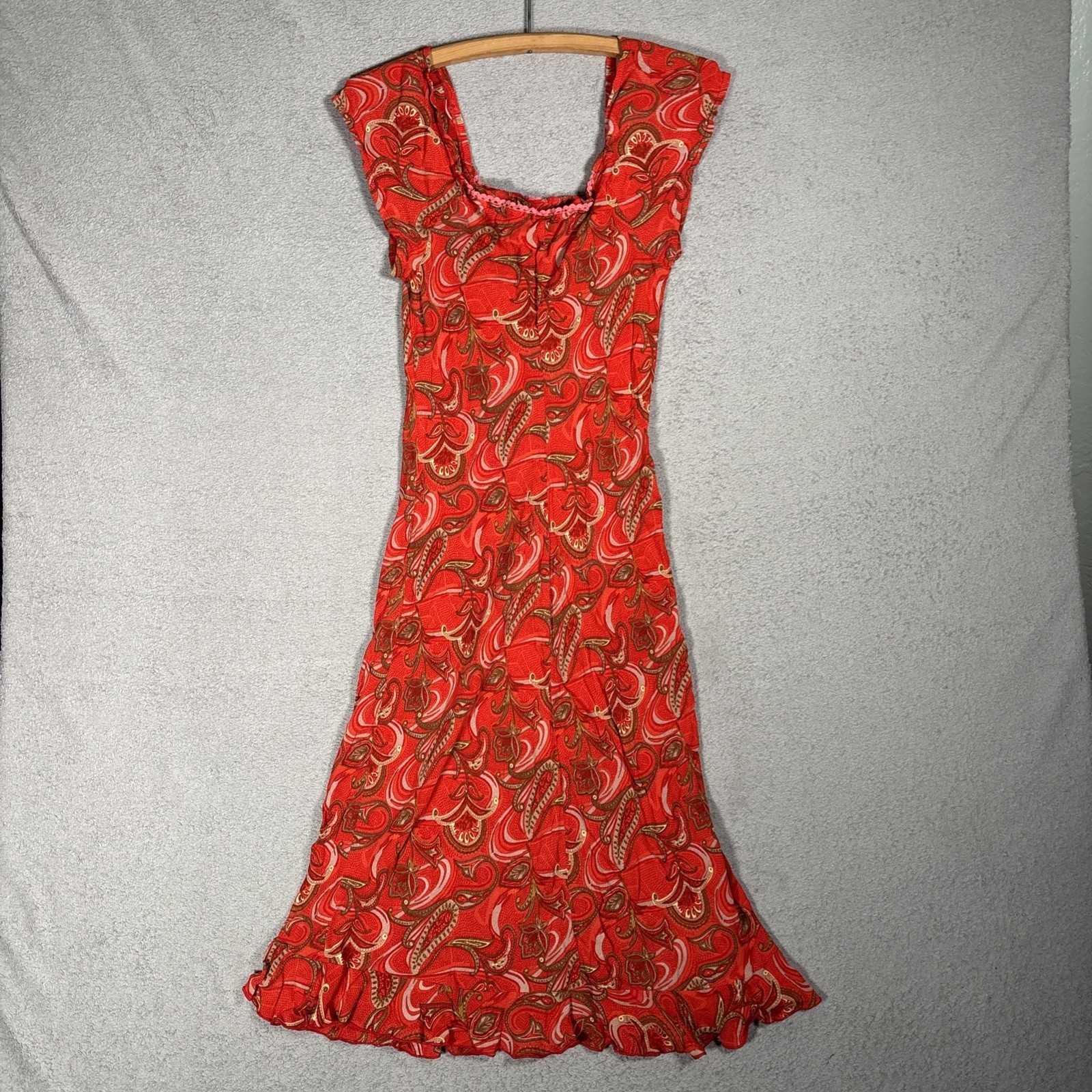 Rampage Vintage 90s Red Paisley Rayon Midi Dress Square Neck Ruffle Hem Fits XS