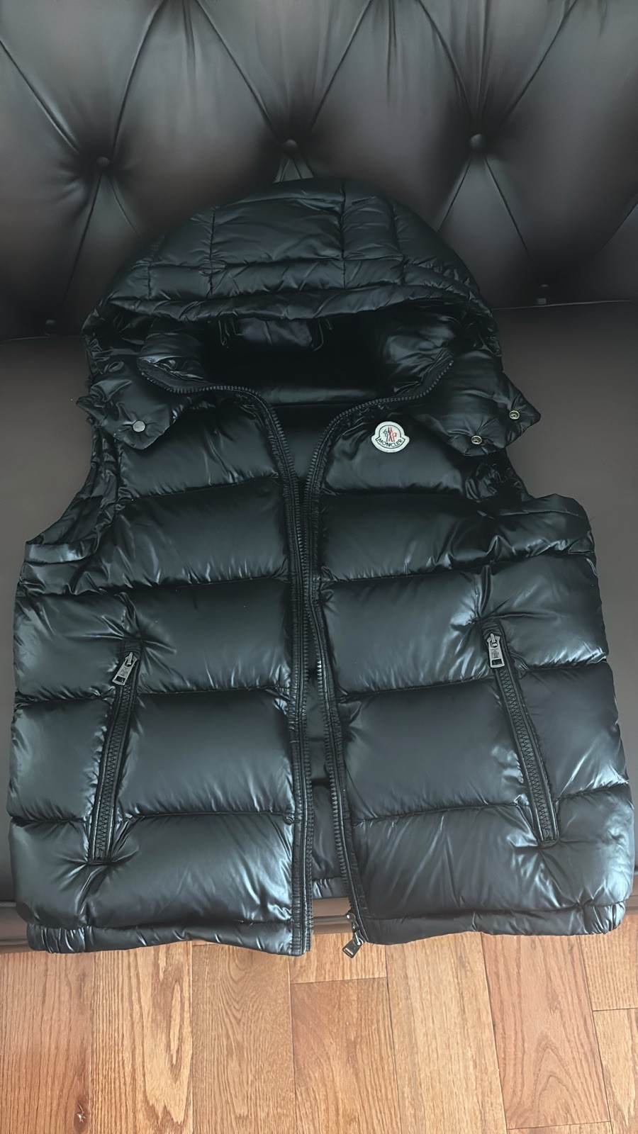 Moncler Men’s Black Hooded Down Puffer Vest Full Zip Pockets