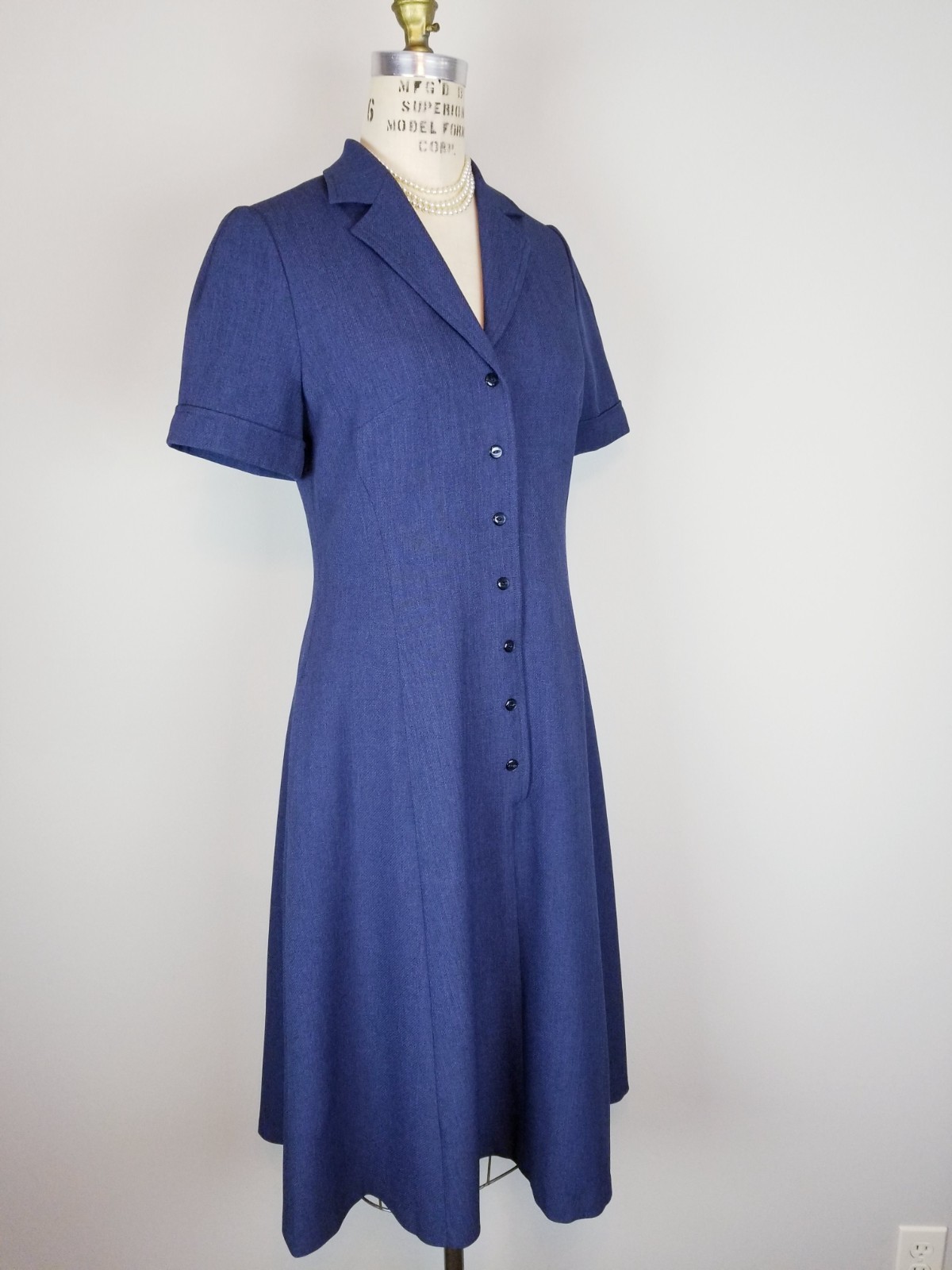 Deep Navy Blue Anne Klein Button Front A Line Midi Dress w/Pockets * Size 4