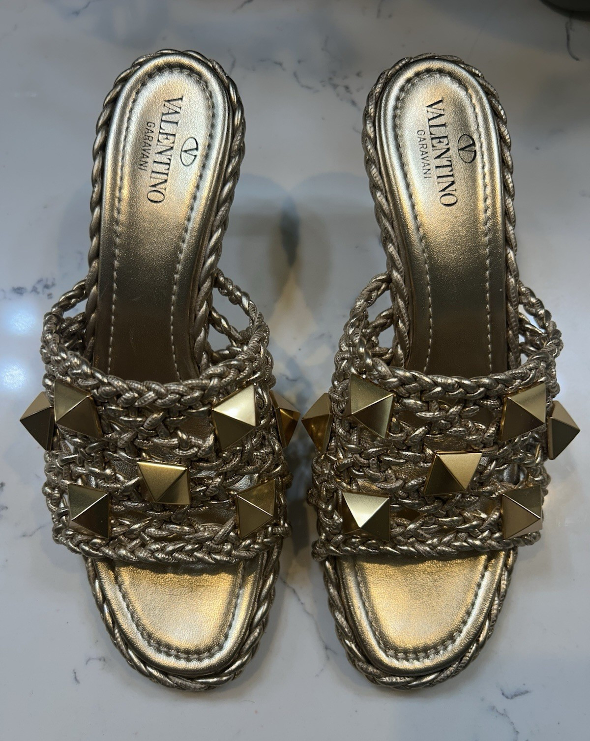 Valentino Garavani Gold Leather Woven Studded Open Toe Slip-On Mules 8