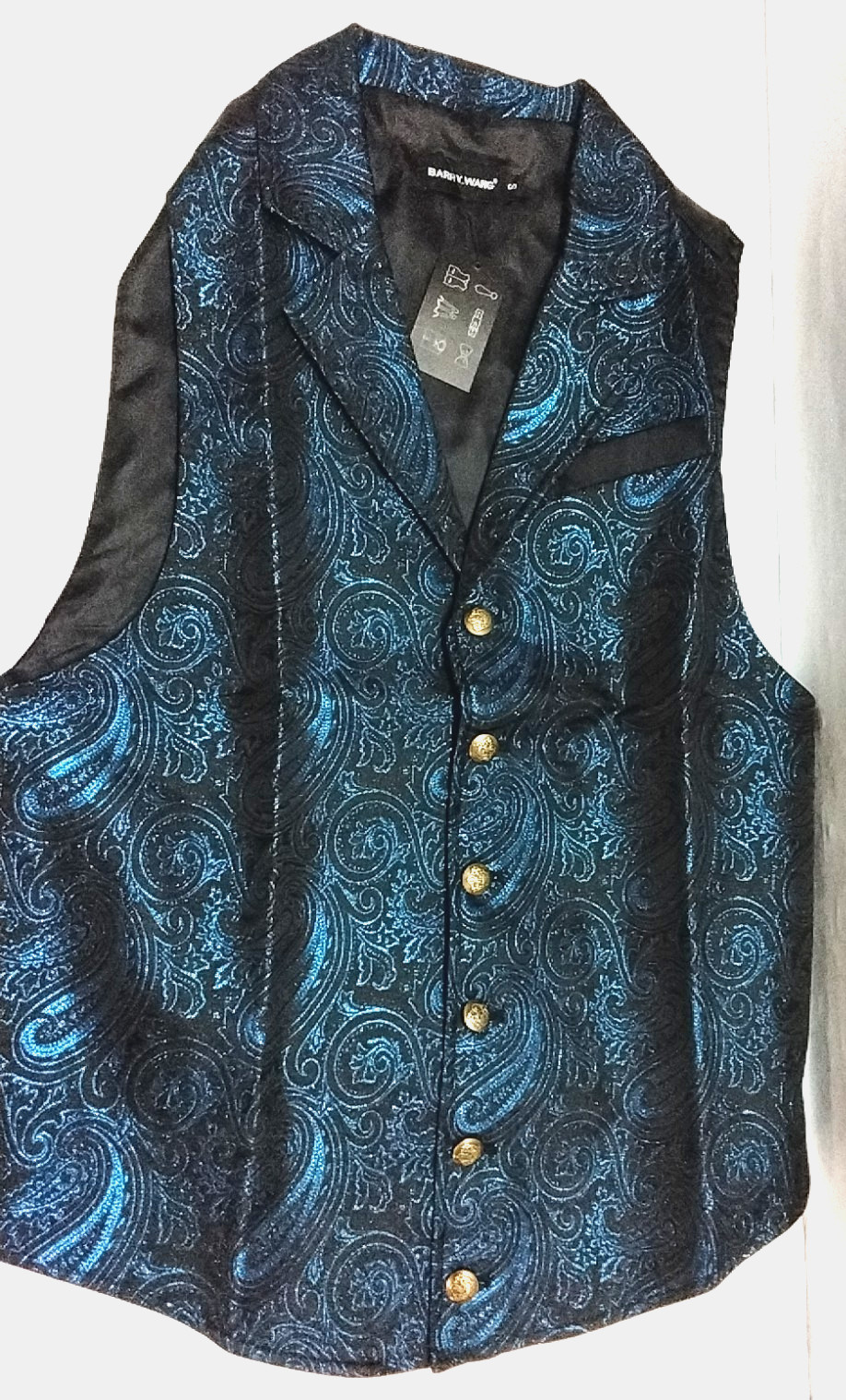 Men’s Small BARRY WANG Black Blue Paisley Silk Blend Vest Waistcoat NWT