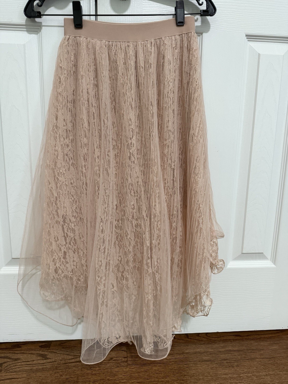 Women’s Beige Floral Lace & Tulle Pull-On A-Line Midi Skirt One Size