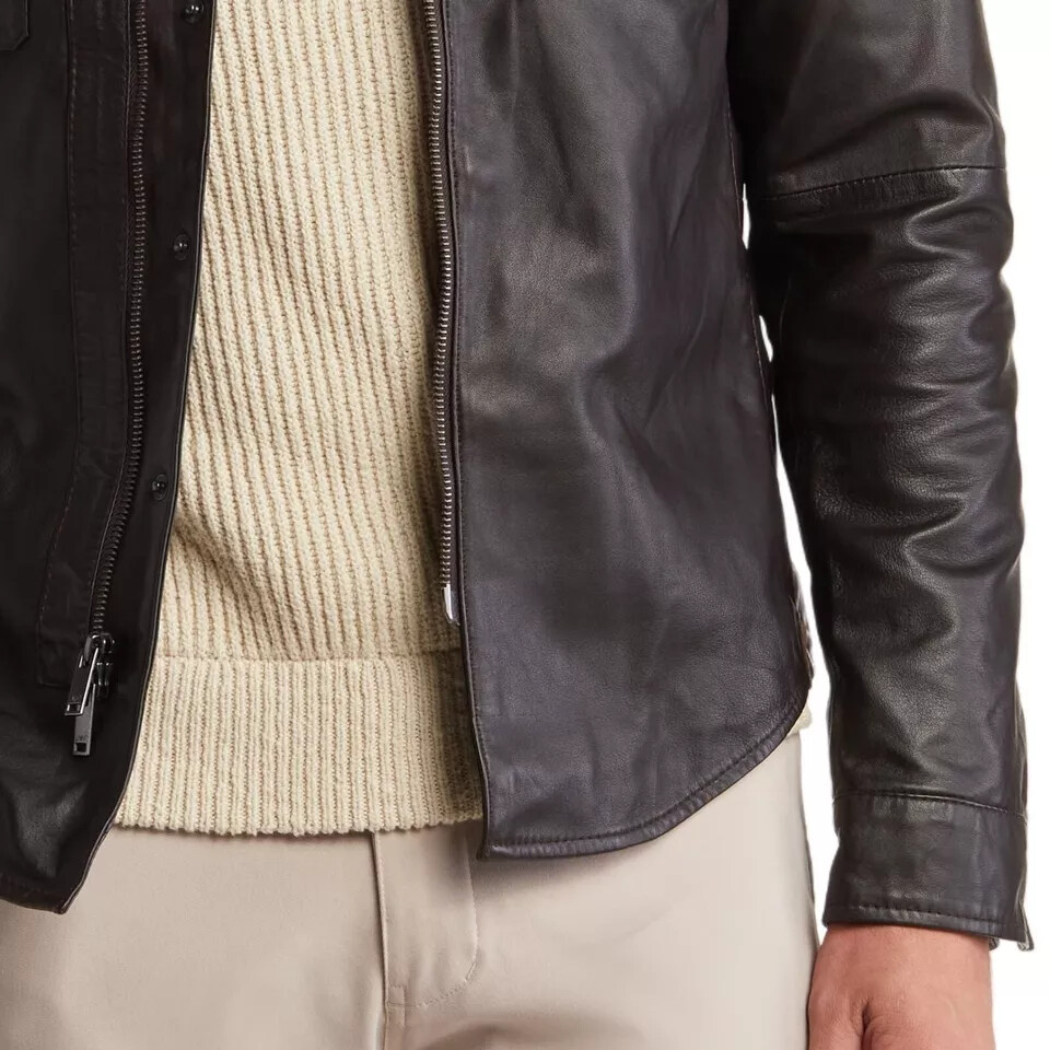 John Varvatos Leather Jacket Shirt Jacket Snap Zip Front Brown pure Lambskin