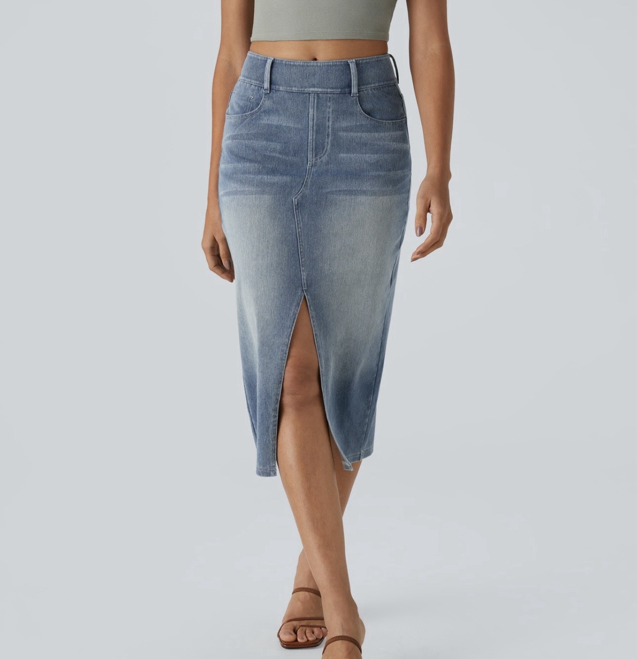 Halara Blue Gray Denim High Rise Pencil Midi Skirt Stretch Pockets Slit S