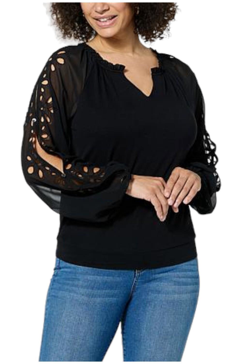 Colleen Lopez Knit Top with Eyelet Sleeves Black