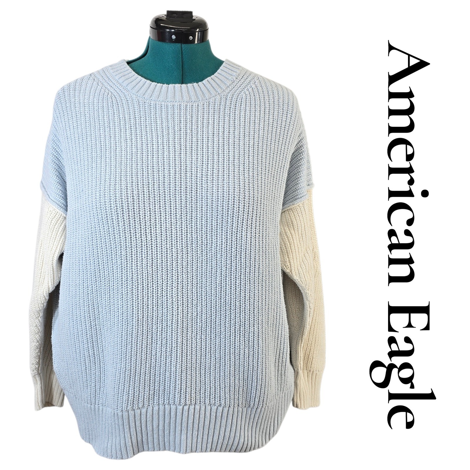 American Eagle M Blue Cream Colorblock Ribbed Chunky Cotton Sweater 00928