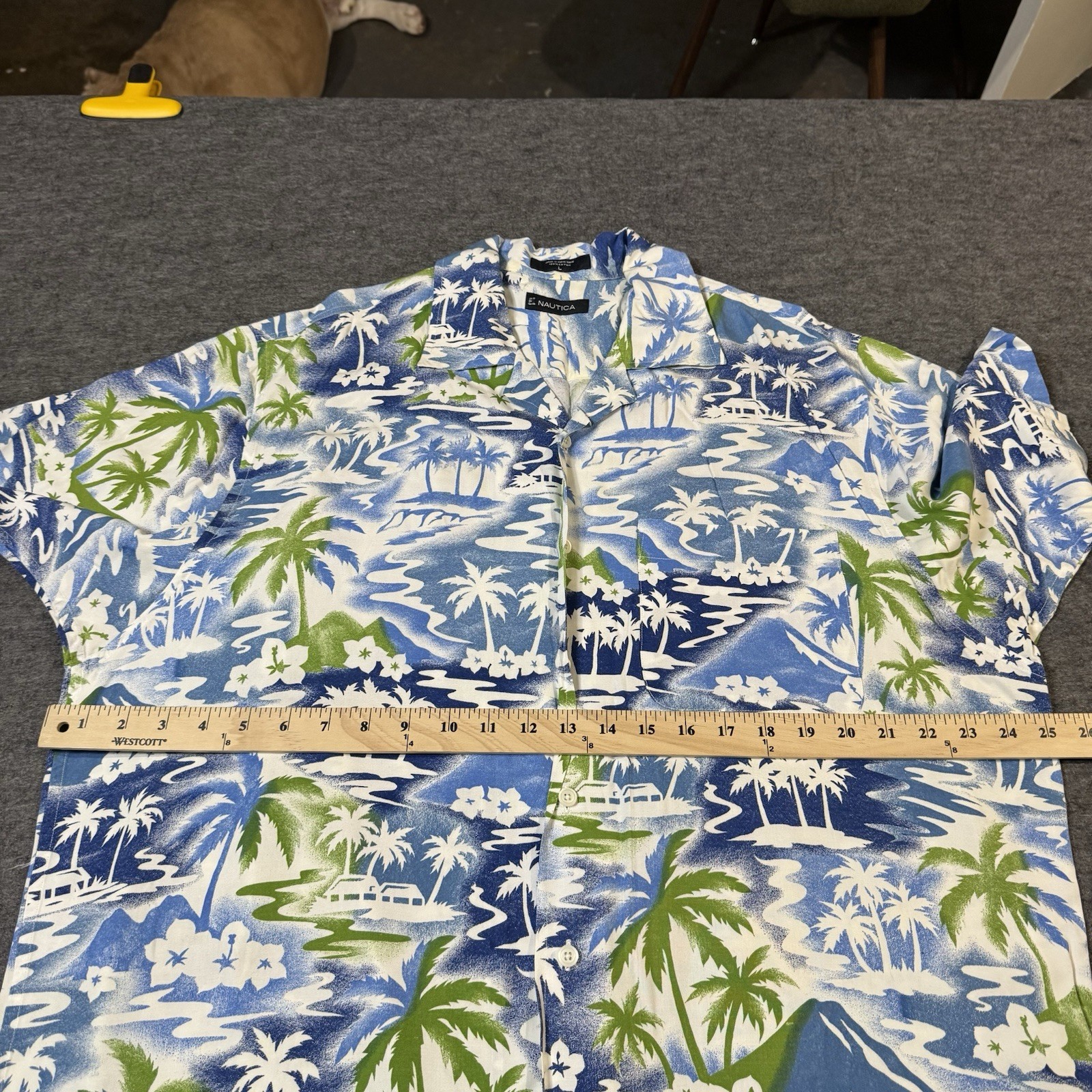 Vintage Nautica 100% Rayon Hawaiian Palm Tree Button Shirt Mens L Aloha Retro