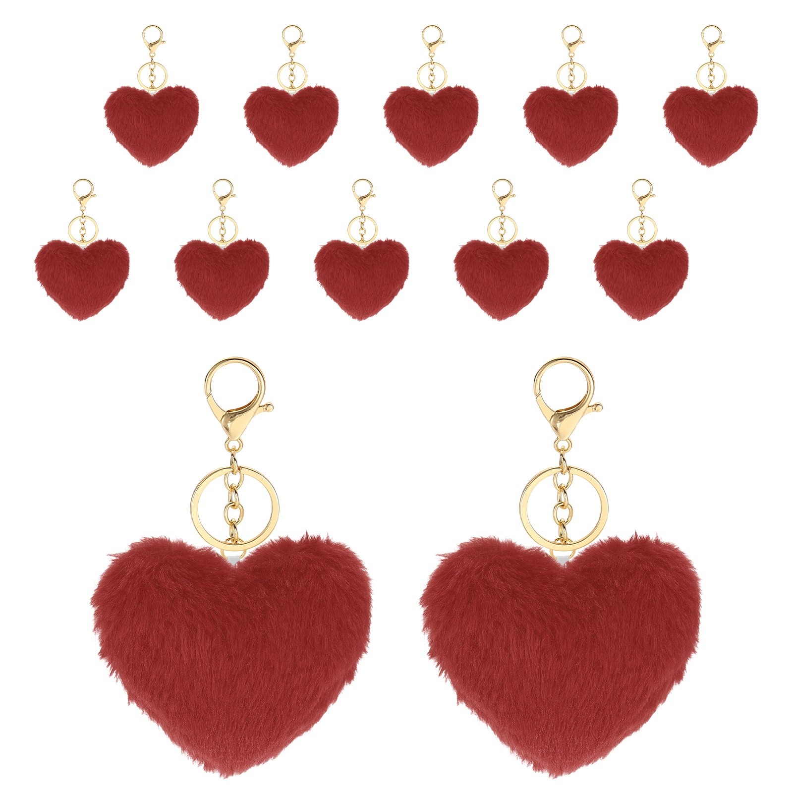 Heart Pom Pom Keychain 12Pcs Faux Fur Fluffy Keyring Burgundy(Gold Buckle)
