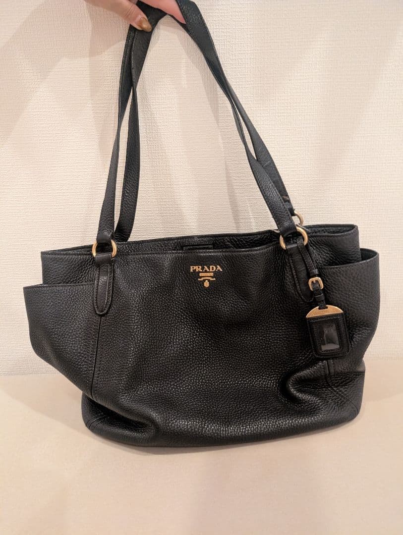 Authentic PRADA Viterdaino Leather Tote Bag Black 12.6in x 13.4in Damaged Interi