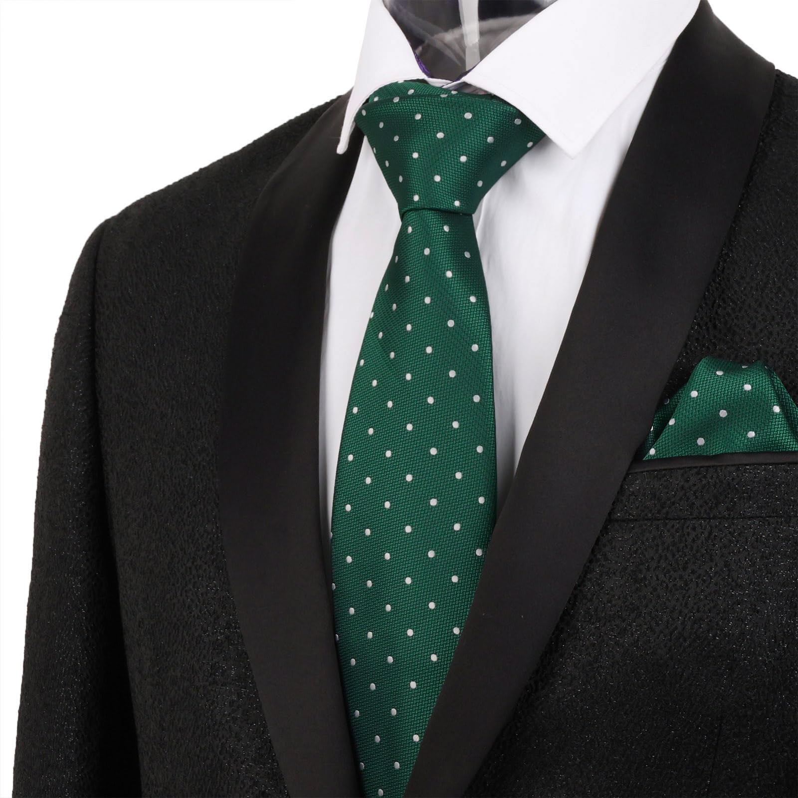 Mens Dot Pattern Tie with Pocket Square 3.15inches Necktie Set, Dark Green+White