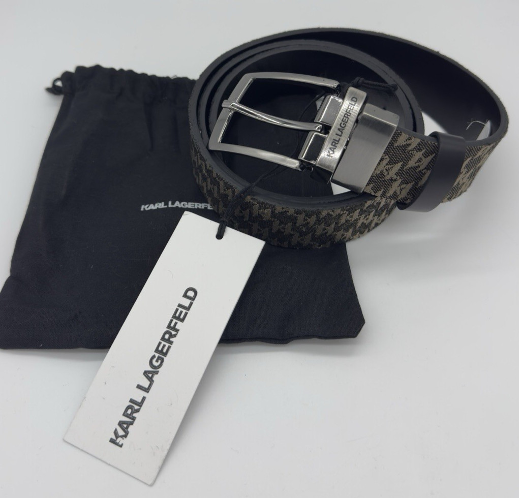 Karl Lagerfeld Men’s Reversible Monogram & Black Gunmetal Belt Size 42 NWT