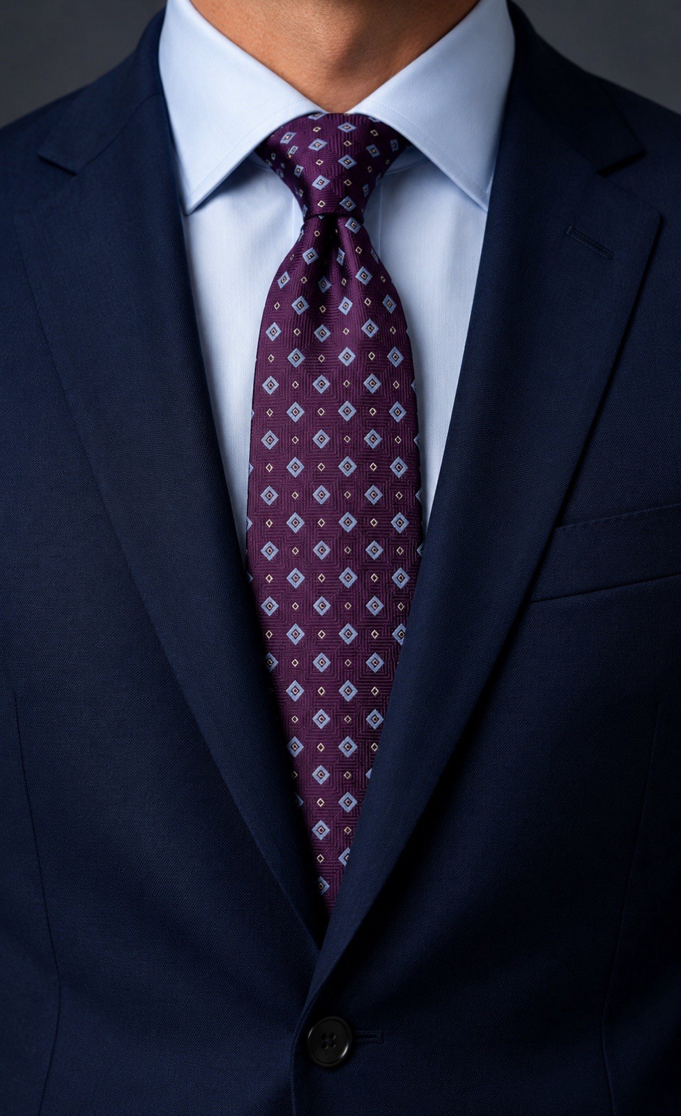 Tasso Elba Hand Made Silk Tie Purple Plum Geometric Blue Diamond Over 60 X 3.75