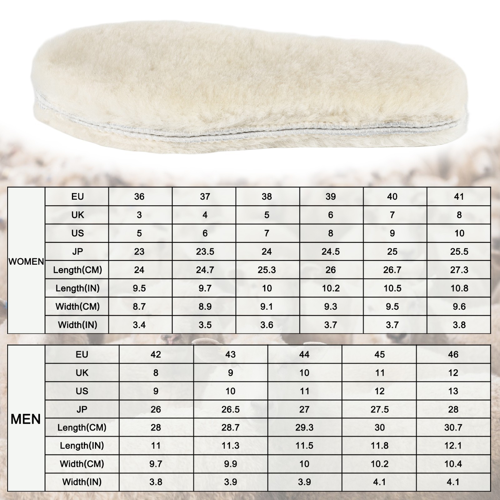 LARGERED 2 pairs of winter warm wool insoles, unisex, 17mm thick