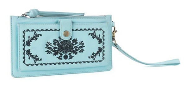 Myra Bag #12832 Rich Turquoise Embroidered Leather 7.75″x4.25″ Wallet~Zip~Snap