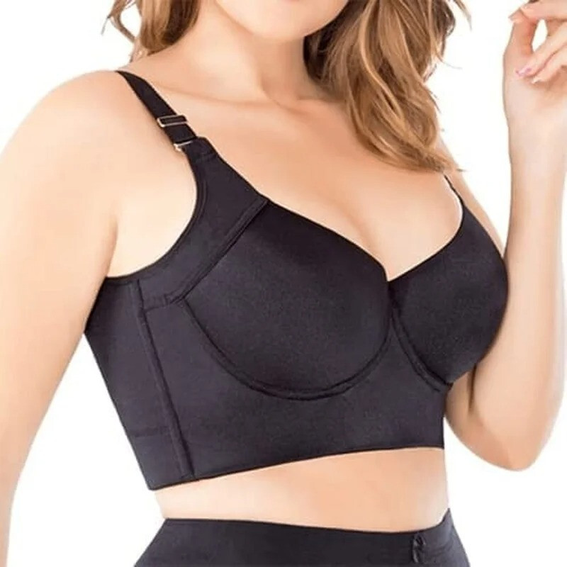 Plus Size Push Up Bra Deep Cup Hide Back Fat Underwear Full Coverage Bra Black