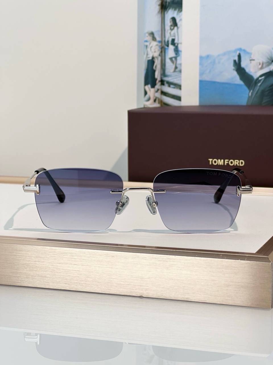Tom Ford Rimless Square Sunglasses Silver Frame Gray Gradient Lenses Unisex