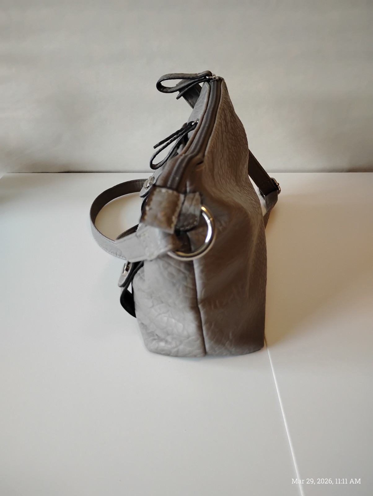 Rosetti Gray Pebbled Shoulder Bag Zipper Buckle Accent Inner Pockets