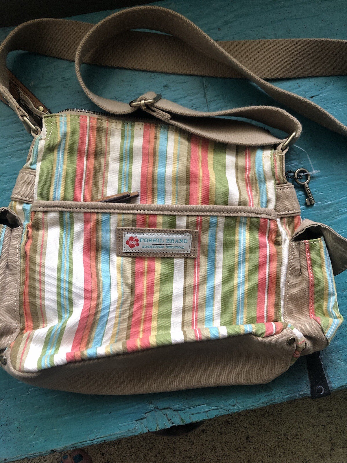 VINTAGEFOSSIL ORIGINAL BRAND Multi Striped Canvas Shoulder Bag Tote Crossbody