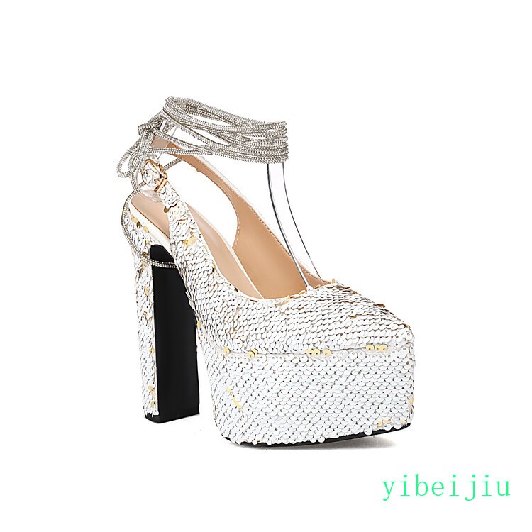Women’s Detachable Chain High Heel Slingbacks Glitter Sequins Shoes Performance