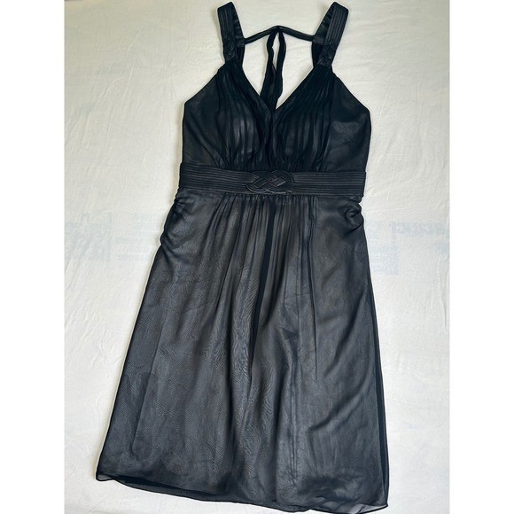 Sangria Black Pleated Chiffon Metallic Cocktail Dress Braided T-Back Size 10