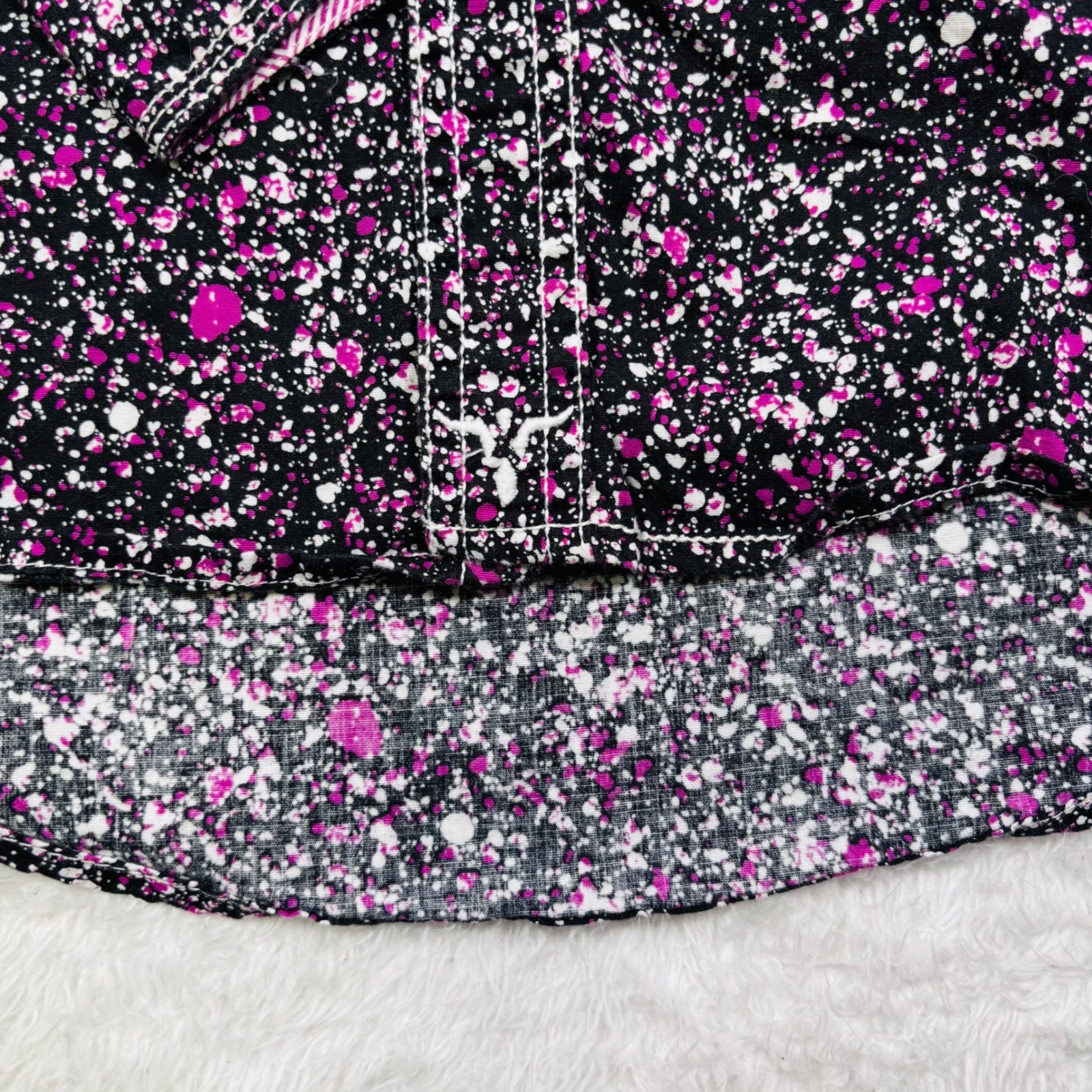 Wrangler 20X Western Shirt Men L Black Pink Paint Splatter Pearl Snap Flip Cuffs