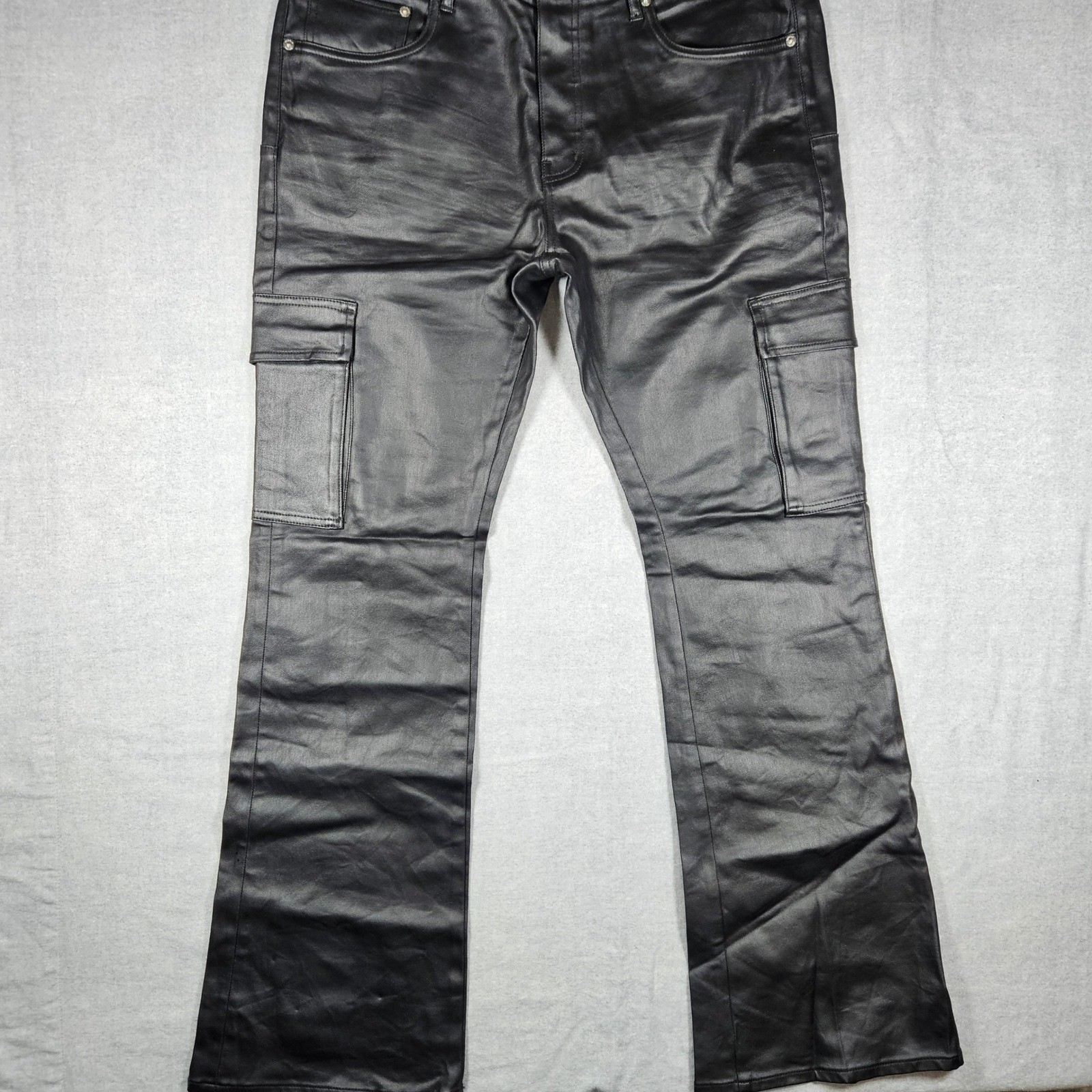 Purple Brand P004 Black Coated Flare Cargo Pants Mens 36 PFBL423 Slim Fit