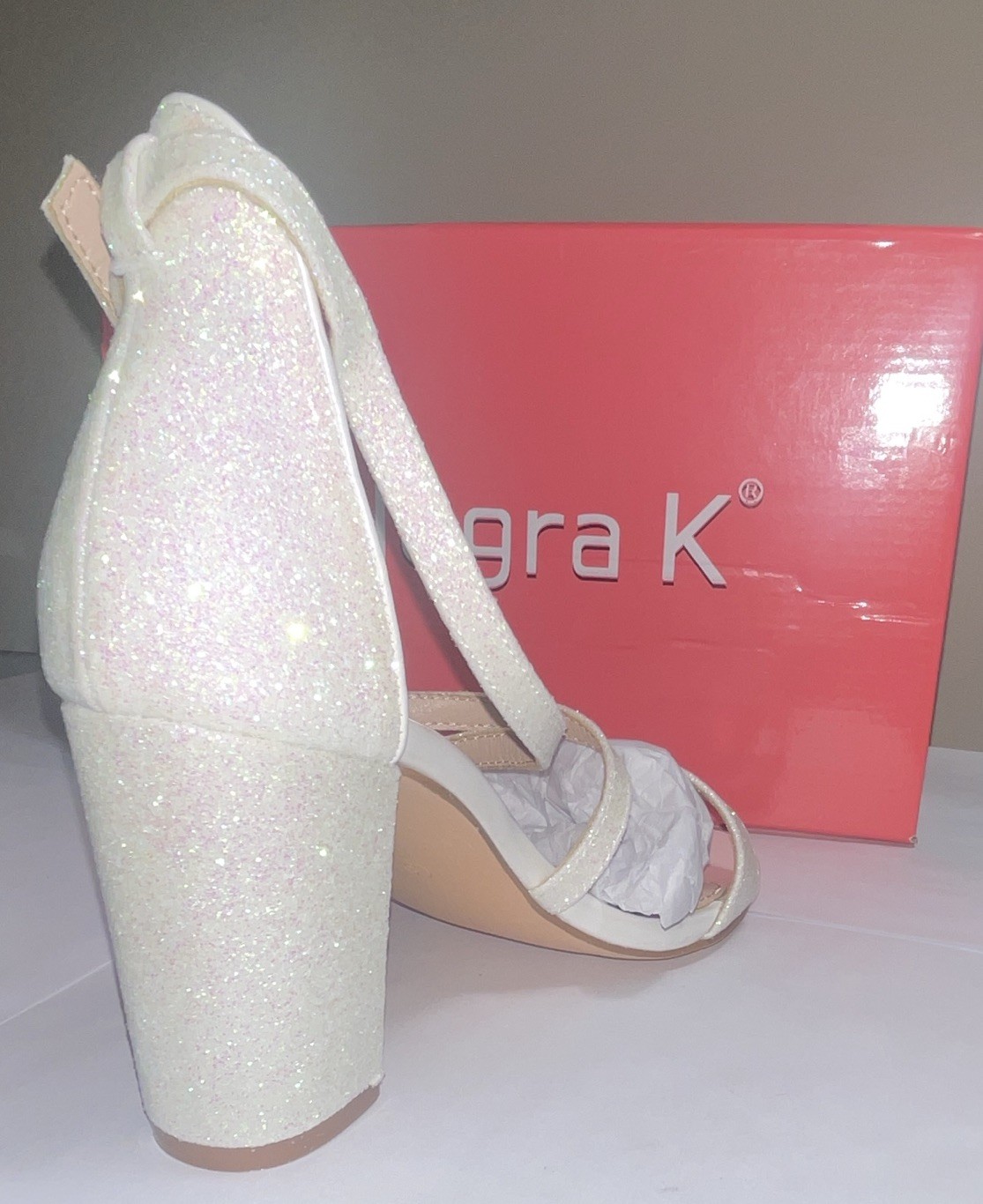 Allegra K White Glitter Strappy Ankle Strap Open Toe Block Heel Sandals 6