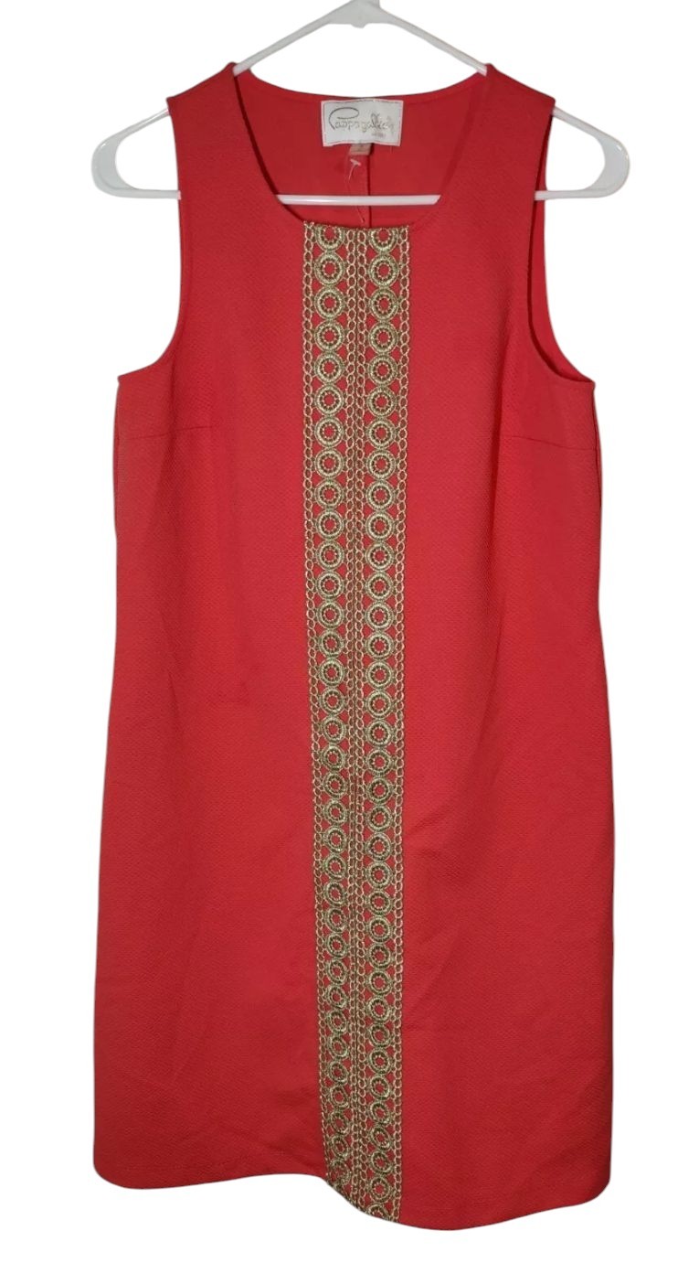 Pappagallo Gold-Crochet-Trim Coral-Tone Sleeveless Shift Midi Dress S NWOT