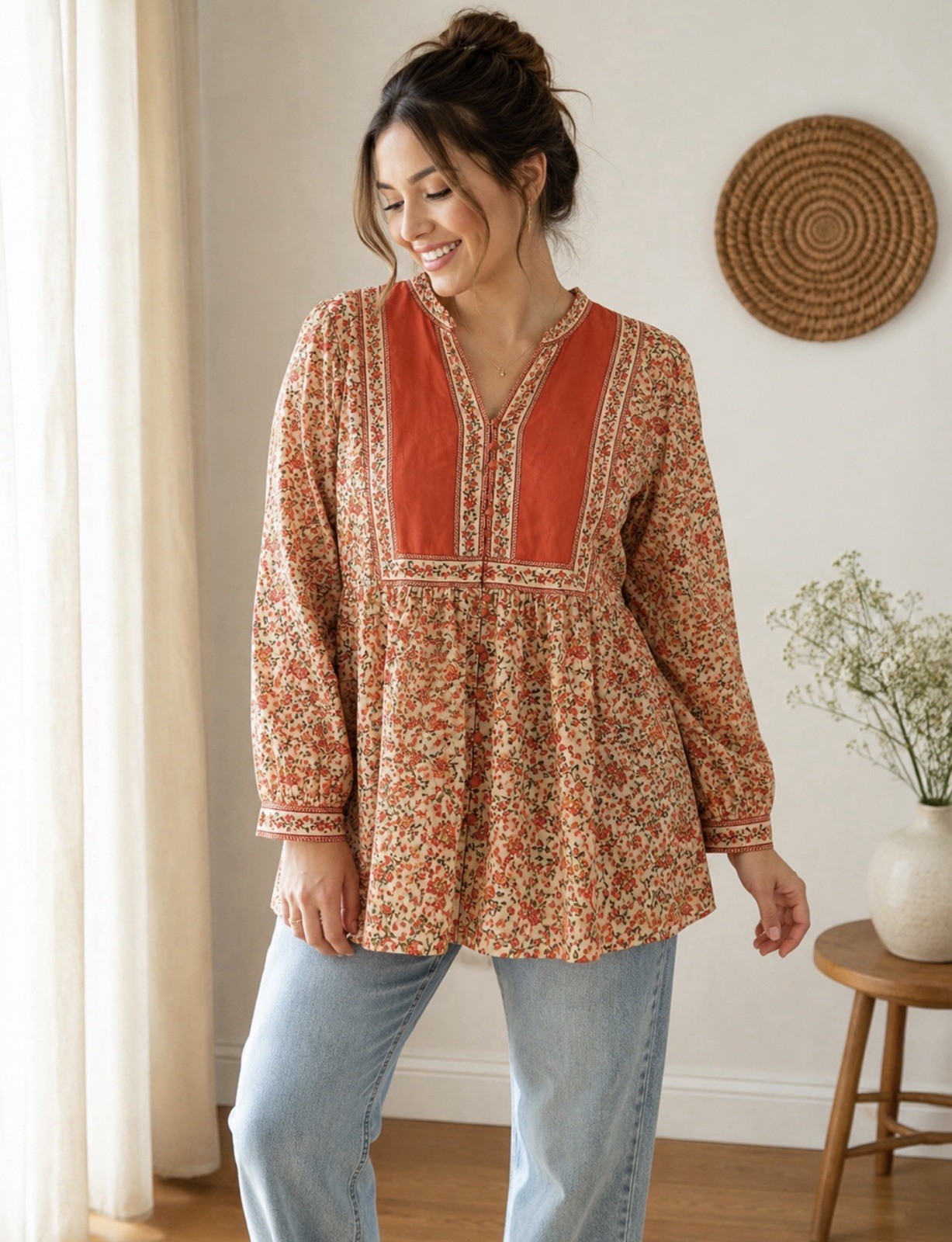 Woman Within Floral Boho Tunic Top 14/16 M