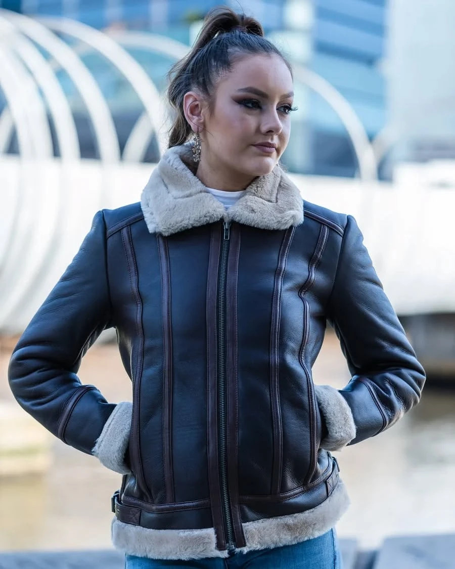 Premium Modern Brown Genuine Leather Jacket Women’s Chic Winter Outfit XS to 2XL